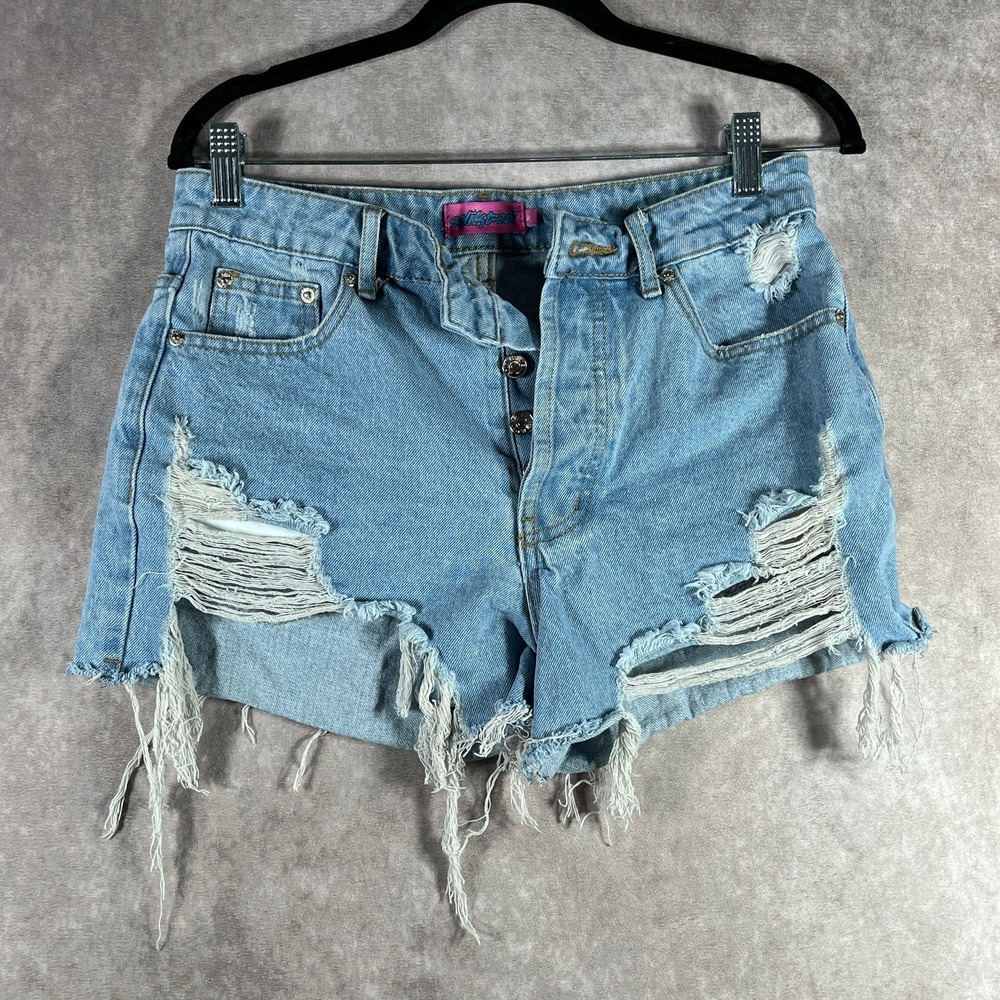 Edikted Jean Shorts Womens M Blue Cut Off Denim Distressed High Rise Festival